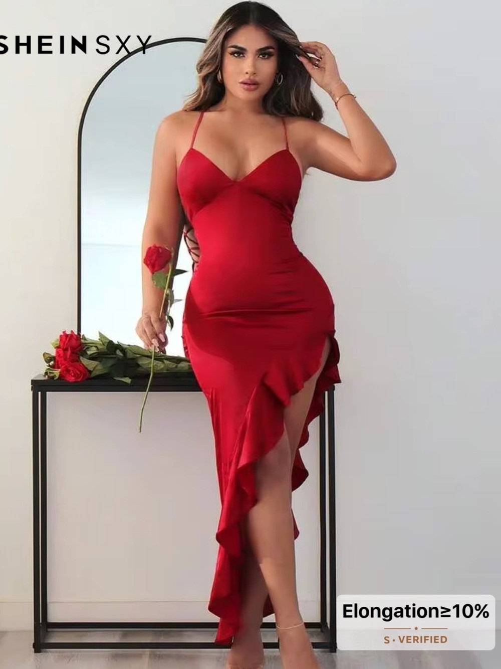 SHEIN Red Satin Lace-Up Back Ruffled Midi Dress high slit size 6/Medium